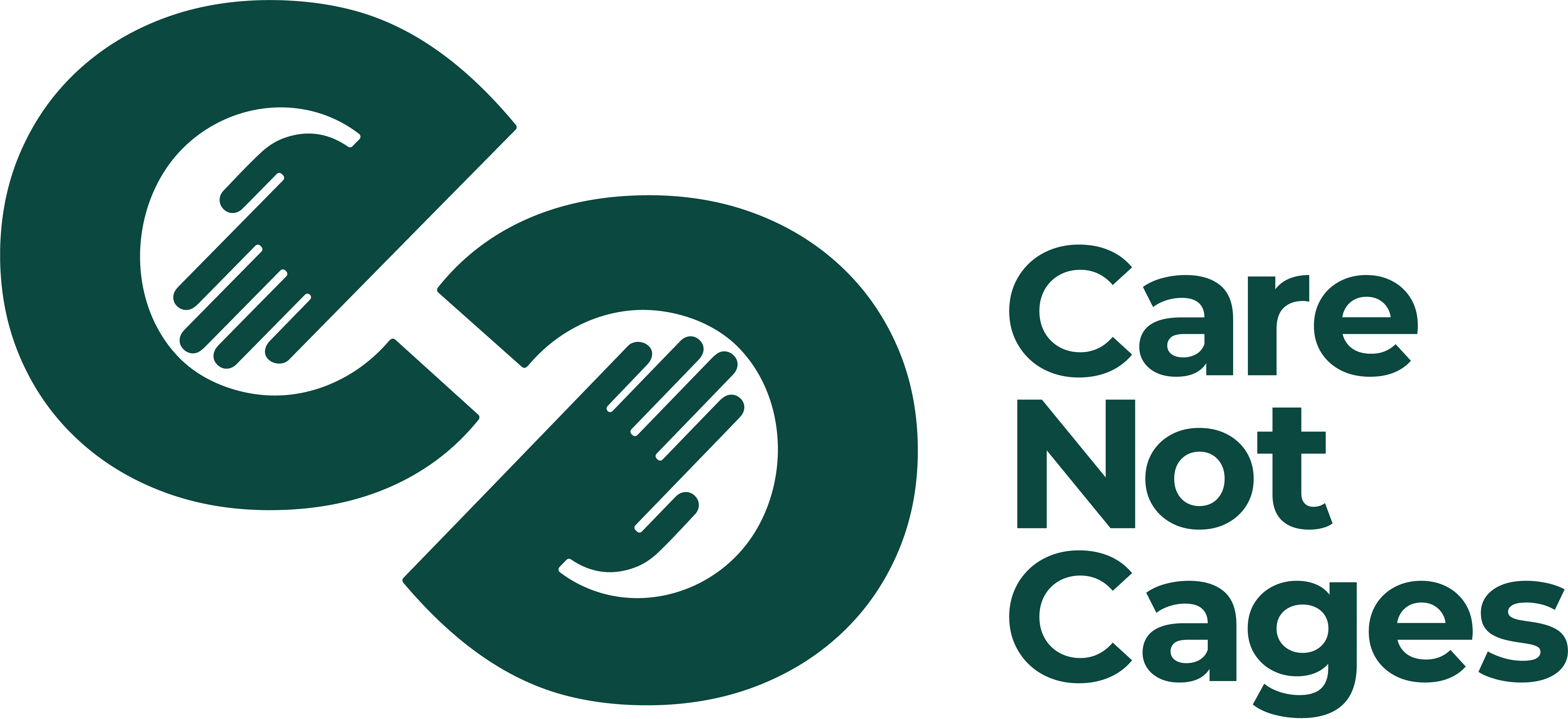 Care Not Cages logo, two Cs with hands reaching into them.