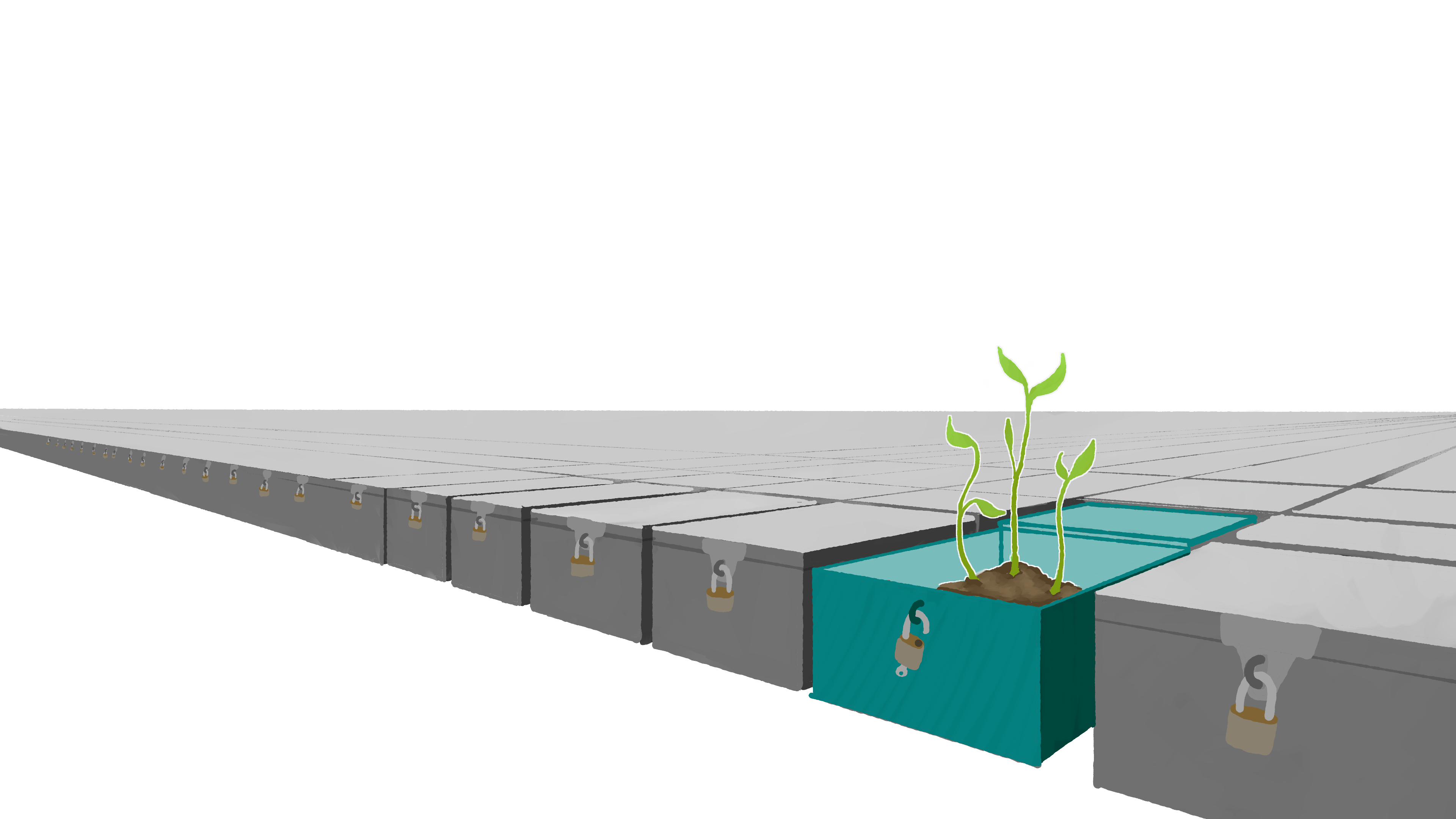An endless plane of locked boxes. In the foreground, one box is unlocked and open. Within it, seedlings sprout from fertile soil