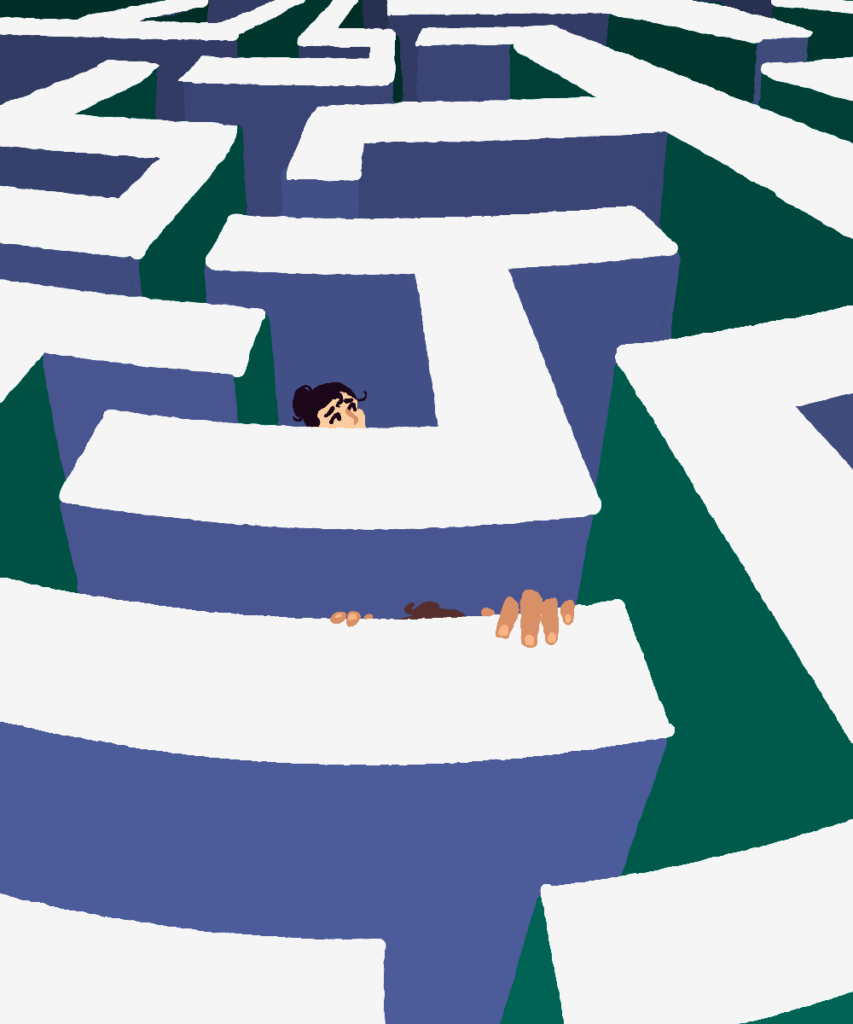 An illustration of a stylized maze. Trapped within it, two people attempt to find a way out. 